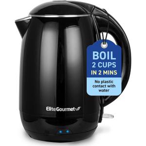 Elite Gourmet EKT1821 1.8L Double Wall Insulated, Cool-Touch 1500W Kettle w/Stainless Steel Interior & Lid, 360 Swivel Base for Cord Free Serving, Power On Lever, Auto Shut-Off, Boil Dry, Black