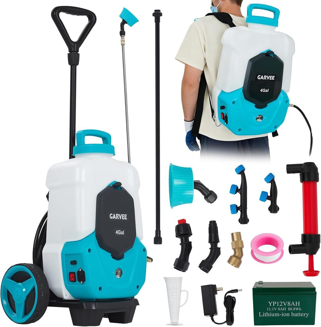 Garvee 4 Gallons Battery Powered Backpack Sprayer with Wheeled Cart, 12V 8Ah Electric Sprayer with 6 Nozzles & 2 Wands, 4-6 Hour Runtime, 90PSI Adjustable Pressure, Trigger Lock, Yard Sprayers for Law