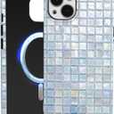 for iPhone 15 Mosaic Stained Glass Phone Case, Cute Aesthetic Plaid Cover for Women Girls Men, Magnetic Trendy Slim Fit Silicone Scratch-Resistant Shockproof Protection Cover - Light Blue Lattice