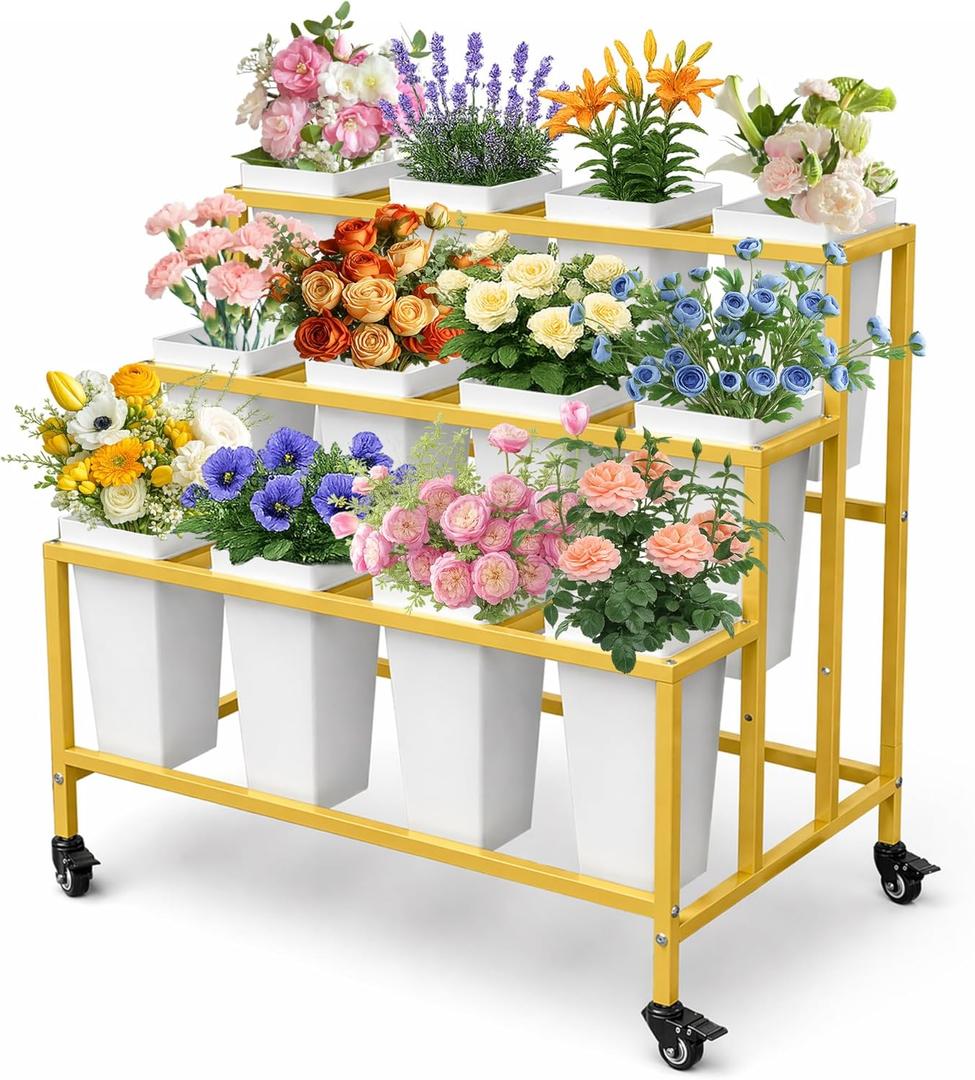 PROLEE Flower Display Stand with 12 Buckets, 3 Layers Flower Cart , Metal Flower Stand with Wheels, Moving Florist Bouquet Shelf, Gold