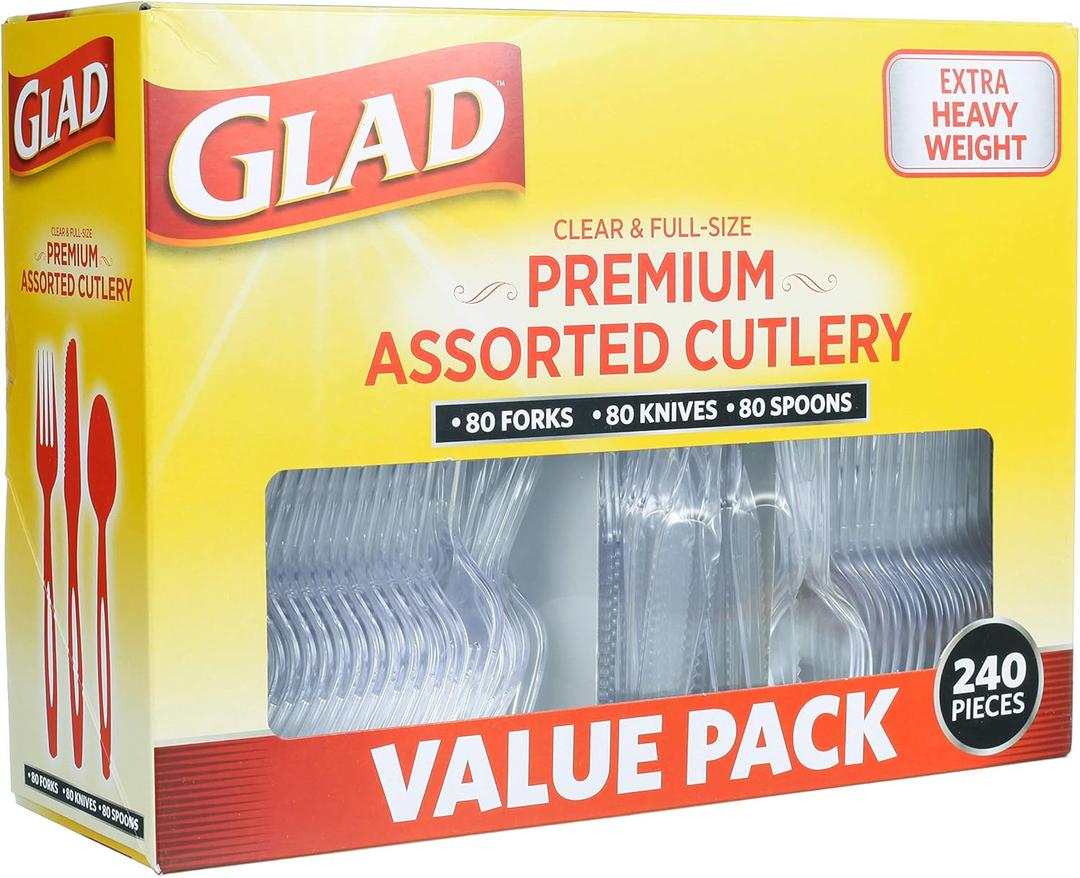 Glad Disposable Cutlery Set - Clear Heavy Duty Plastic Forks, Knives, and Spoons - 240 Piece Plasticware for Parties - Durable, Sturdy Recyclable Utensils - Great for July 4th, Thanksgiving, Christmas (240 Count (Pack of 1))