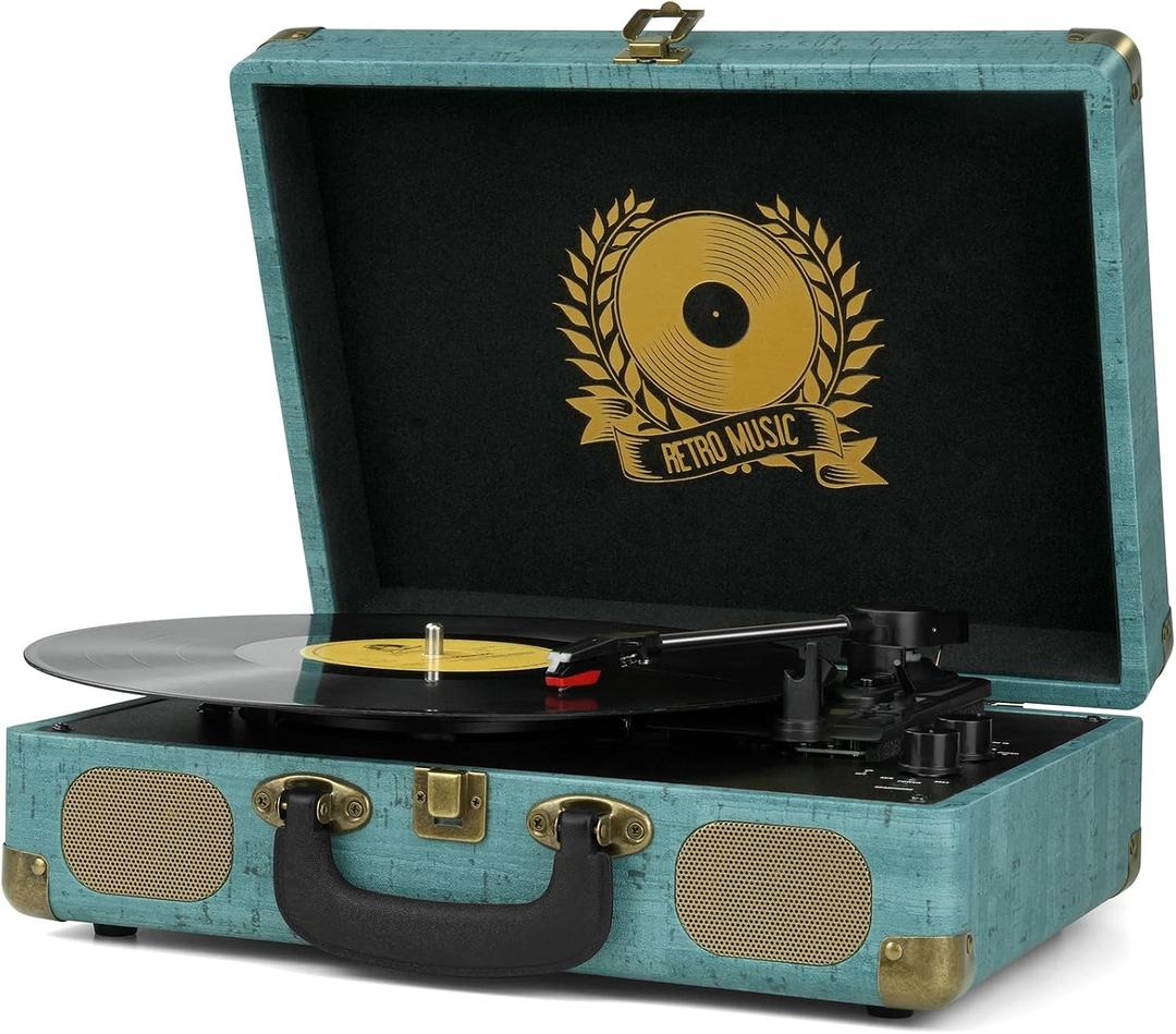 Vinyl Record Player 3-Speed Bluetooth Suitcase Portable Belt-Driven, Supports Bluetooth, RCA Output, 3.5mm aux-in and Headphone Jack and MP3, Mobile Phones Music Playback