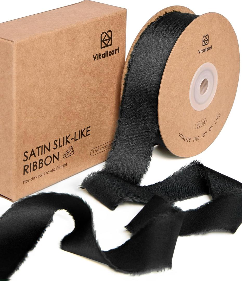 Vitalizart Silk Like Satin Ribbon 1 inch x 30 Yard Black Handmade Frayed Ribbons for Gift Wrapping Baby Shower Wedding Bridal Bouquets Holiday Decor