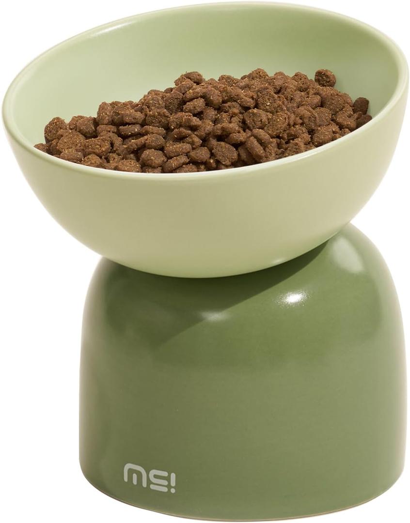 Elevated Cat Food Bowl, Ceramic Cat Bowls for Food and Water, Cat Bowls Whisker Friendly, Lead & Cadmium Free, 15Tilted Non-Slip Anti Vomiting for Cats and Puppy Green