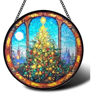 Stained Glass Window Hanging, Golden Glow Christmas Tree Round Sun Catchers Glass Panel Suncatcher Decor for Home, 7.8Inch. (020)