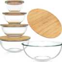 Stackable Space-Saving Set of 5 Nesting Glass Bowls with Bamboo Lids for Foodprep, Storage, Baking, Mixing & Cooking, Microwave & Oven Safe BPA Free Heat Resistant Inert Borosilicate Glass