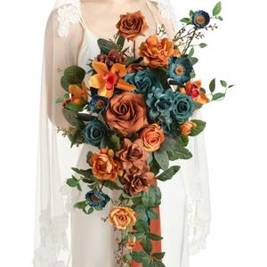 Ling's Moment Teal Bridal Bouquet Cascading, Burnt Orange Wedding Bouquets for Bride, 13 Inch Terracotta Rust Fall Artificial Wedding Flower Bouquet