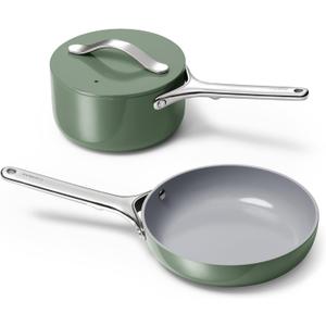 Caraway Mini Cookware Set - Non-Stick Ceramic Fry Pan (1.05 qt, 8") Sauce Pan (1.75 qt) & Storage Rack - Non Toxic, PTFE & PFOA Free - Oven Safe & Stovetop Agnostic (Gas, Electric & Induction) - Sage