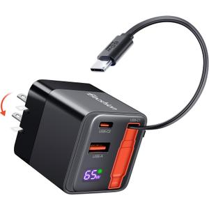 65W Retractable Wall Charger, USB C Charger Block Built-in Type C Cable & Dual Port, PD PPS Fast Charging GaN Power Adapter Travel Charger for MacBook,Lenovo IdeaPad,iPhone 16 Pro Max,Galaxy S24