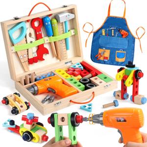 Kids Tool Set with Drill, Educational Montessori Toys for 3 Year Old Boys 44 Pcs STEM Kids Toys Wooden Toddler Tool Set with Apron & Box Birthday Gifts for 3 4 5 Year Old Boy Girl