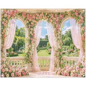 ZTHMOE Fabric 10x8ft Spring Window Scenery Photography Backdrop Pink Flowers Rose Graden Background Girl Princess Wedding Bridal Shower Birthday Party Decorations Photo Props