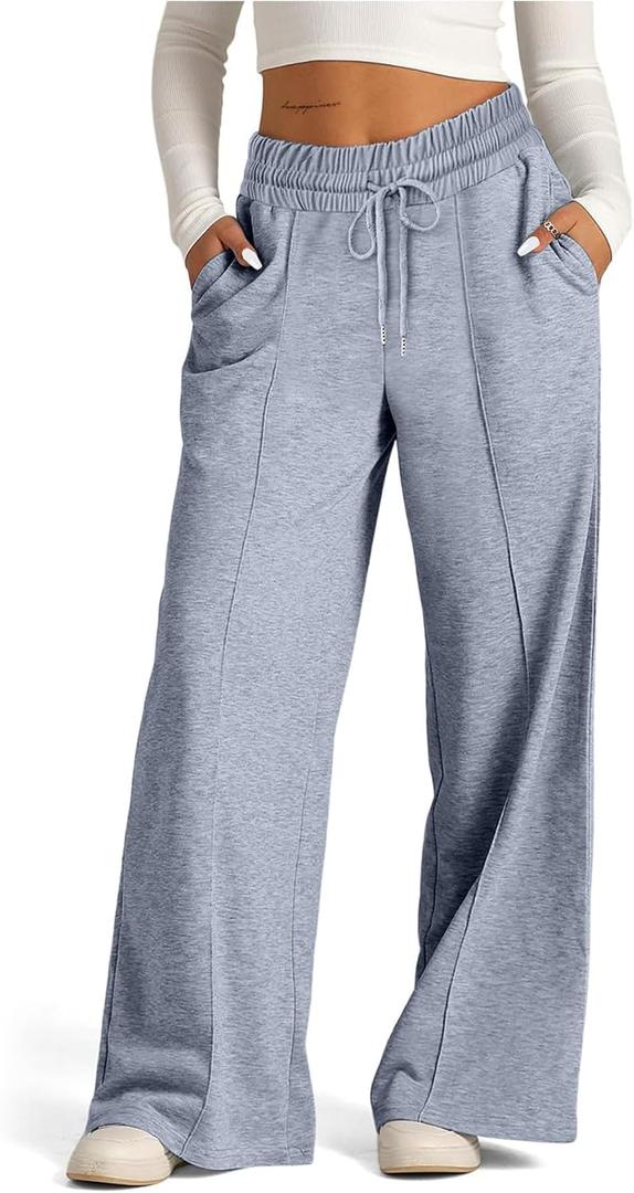 SOFIA'S CHOICE Women's High Waist Drawstring Sweatpants with Pockets Loose Straight Leg Lounge Pant Grey Medium (Gray, M)