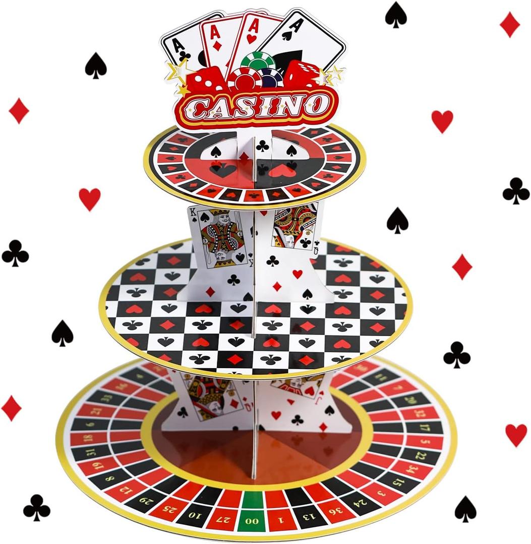 Casino Cupcake Stand 3 Tier for 24 Cupcakes Poker Dice Theme Cardboard Cake Dessert Holder Tower for Las Vegas Night Party Decoration Casino Decorations Adult Birthday Casino Themed Party Supplies