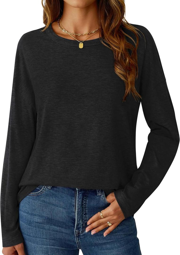 GKBK Long Sleeve Shirts for Women Crew Neck Basic Tops Casual Loose Fitted Fall Clothes 2025 (Black), Medium