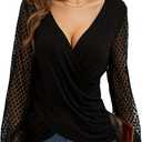 YELAIVP Long Sleeve Shirts for Women V Neck Lace Tops Dressy Business Casual Blouses Cross Wrap Sexy Tops Work Shirt (Small, 06 Black)