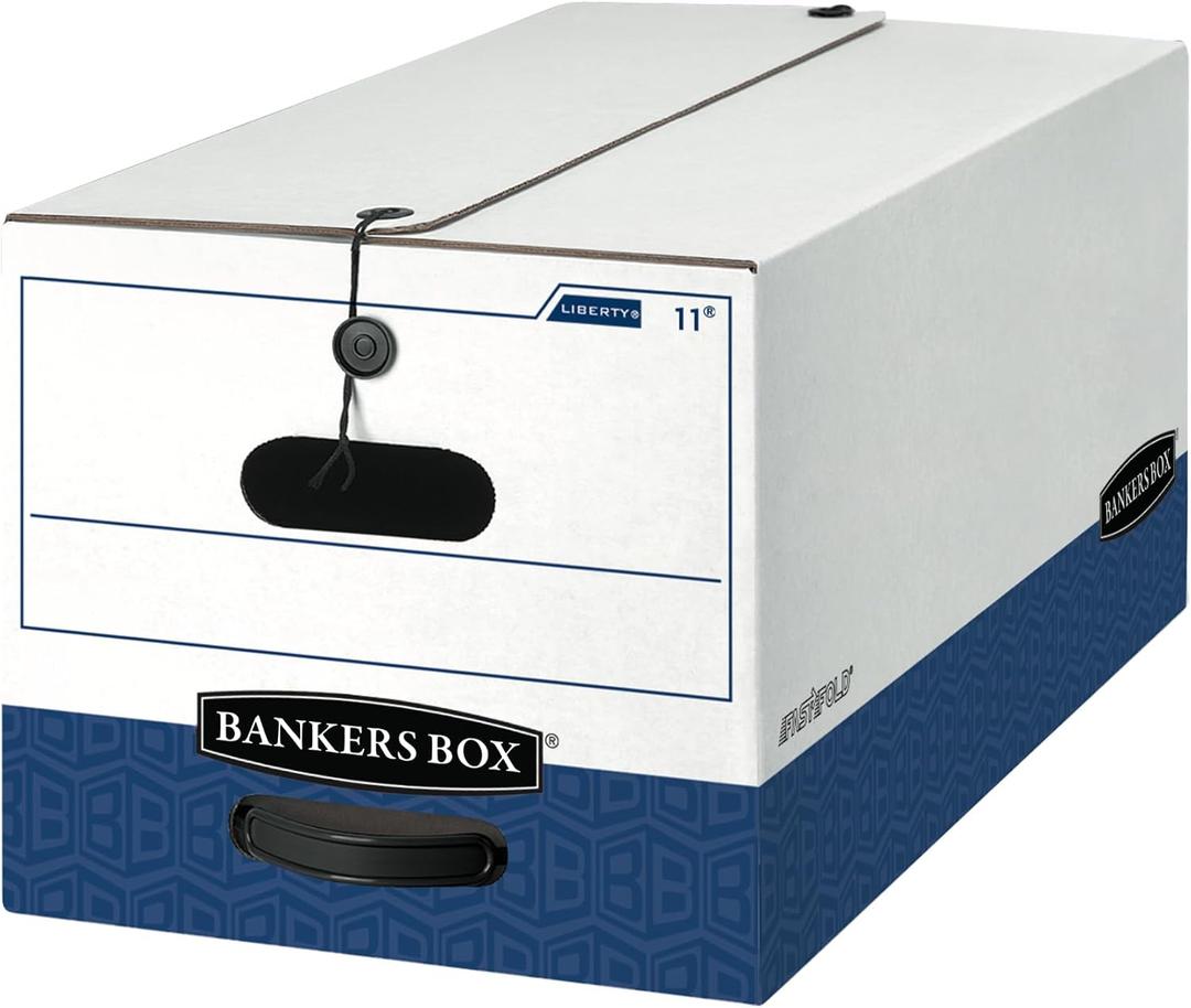 Banker's Box 4-Pack String & Button Heavy-Duty File Box, Letter, FastFold | Protect Critical Records with String-and-Button Security, FastFold Setup, and Heavy-Duty Stacking Strength