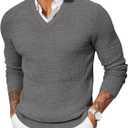 Yousify Mens V Neck Pullover Sweater Waffle Knit Casual Textured Pullover Long Sleeve Slim Fit Fall Sweaters (Gray)