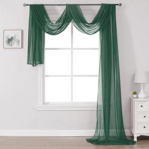 DONREN Dark Hunter Green Sheer Window Valance - Christmas Decor Luxury Soft Semi-Sheer Scarf for Window Wedding Arch Curtains (1 Panel, 52 x 216 Inch Length)