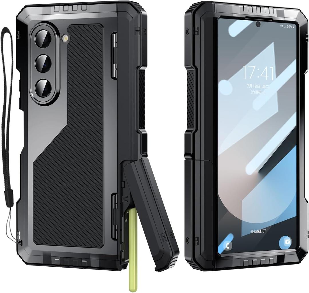 For Samsung Galaxy Z Fold 6 Case with Slim S Pen Holder (2023), Metal Bumper Premium Heavy Duty Shockproof Protective, Hinge Protection, Screen Protector, Rugged Phone Cover 5G, Black