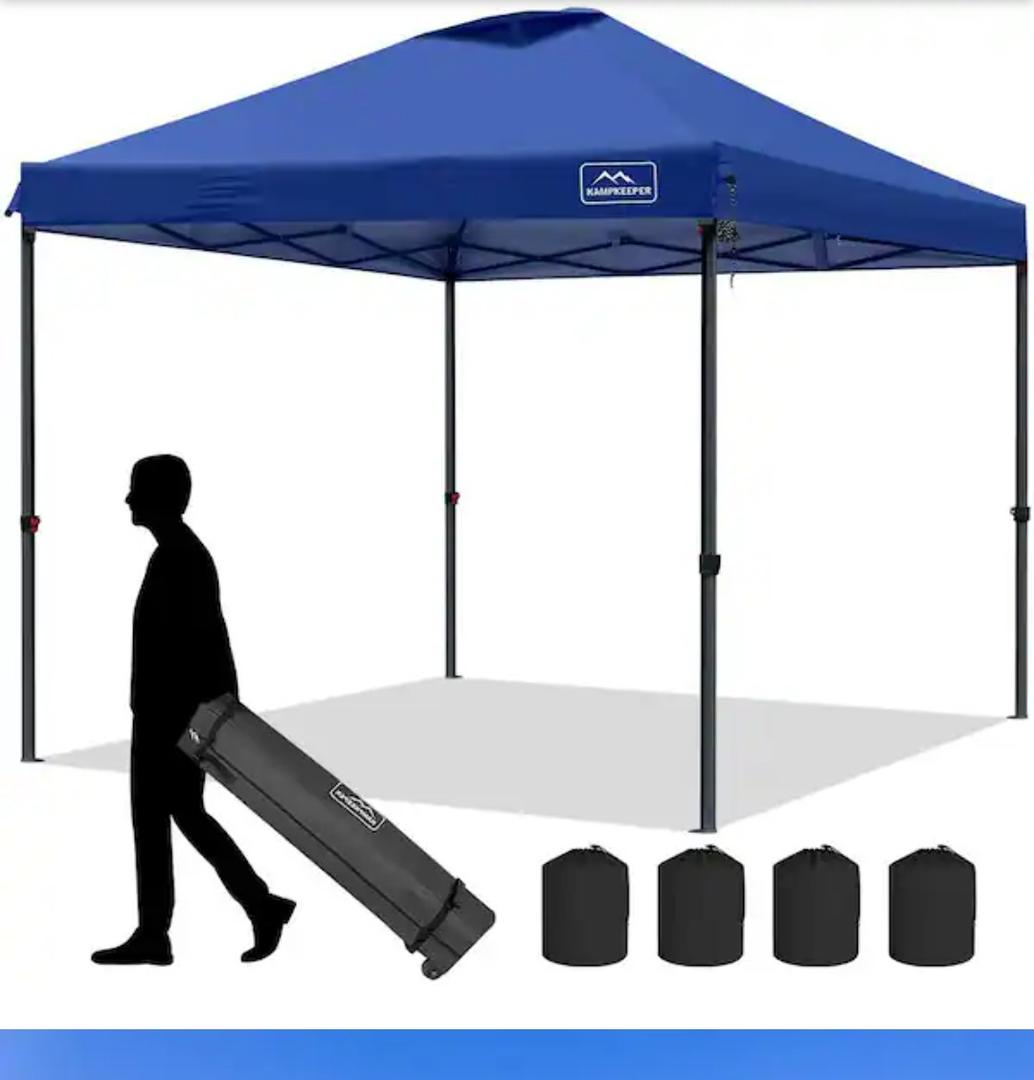 10 ft. x 10 ft. Dark Blue Pop-Up Outdoor Canopy Tent, 3 Adjustable Height with Ropes, 4 Stakes for Garden, Camping