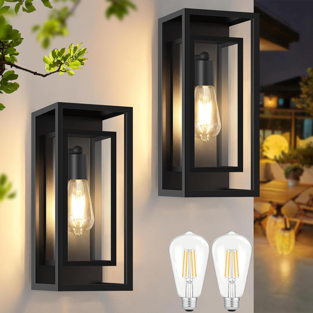 Outdoor Wall Lantern, Exterior Waterproof Black Porch Lights Wall Mounted, Sconces Wall Lighting with Clear Glass Shade, Anti-Rust 14''H Outdoor Wall Lights for Front Door Patio Garage, 2-Pack