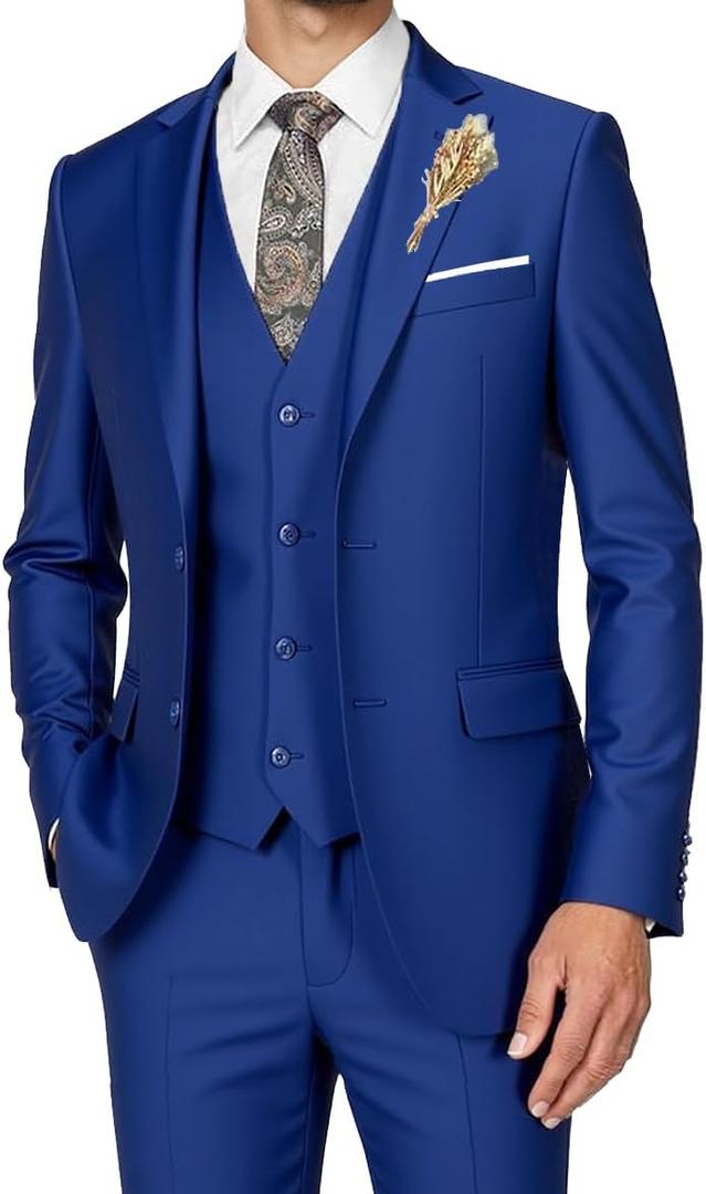 Men's Suits 3 Piece Slim Fit Dress Tuxedo for Men Two Button Solid Jacket Vest Pants Set (Royal Blue)