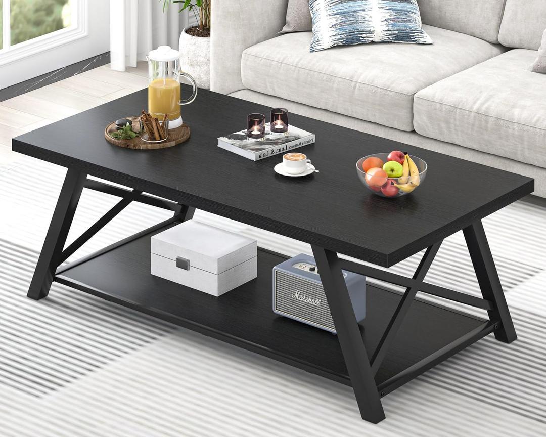 EXCEFUR Black Coffee Table, Modern Wood and Metal Center Table with Storage Shelf, Industrial Rectangle Cocktail Tea Table for Living Room, 47 Inch