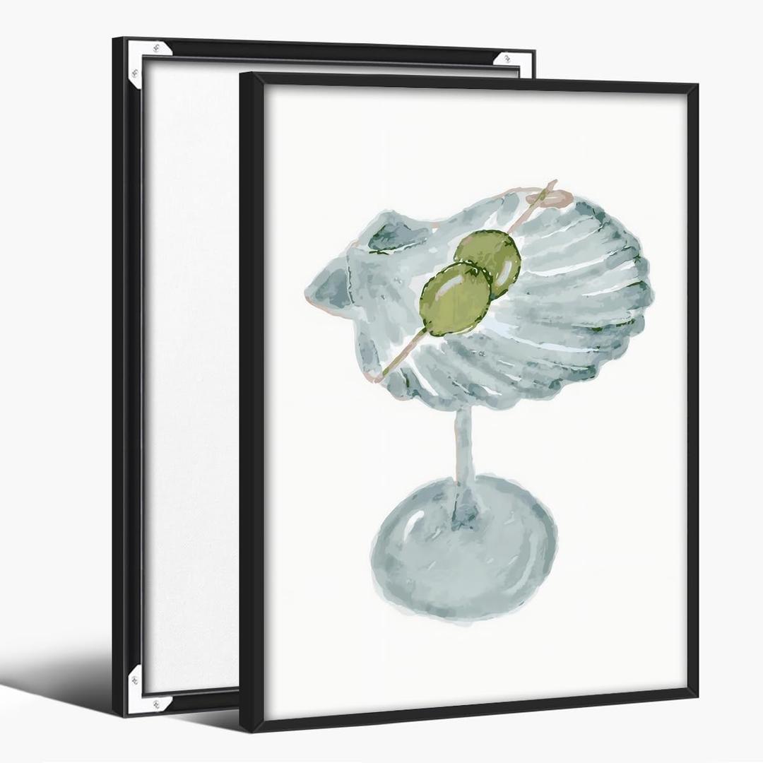 Pack of 3 Funky Green Seashell Martini Wall Art Cocktail Posters Trendy Bar Cart Canvas Print Room Decor Dorm Decor Aesthetic Living Room Dining Room Kitchen Decorations for Home12x18inch Unframed