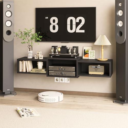 IBUYKE Floating TV Stand Wall Mounted with Power Outlet,Modern Wood Wall Mounted Media Console Shelf,Floating Entertainment Center for Under TV Storage for Living Room Bedroom Office,Black WST001B-