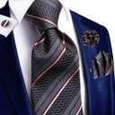 Hi-Tie Men Silk Ties Set with Flower Lapel Pin Necktie Pocket Square Cufflinks for Tuxedo Wedding Business (Black)