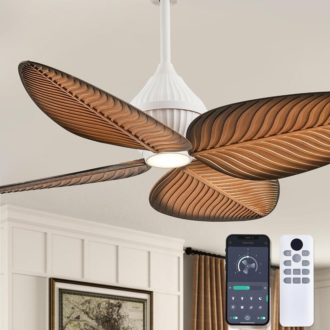 52"Tropical Ceiling Fans with Lights, Indoor Palm Leaf Ceiling Fan with Light and Remote for Living Room Bedroom, ABS Blades, Dimmable LED Lights, 6 Speeds, Adjustable Height-Light Wood Grain