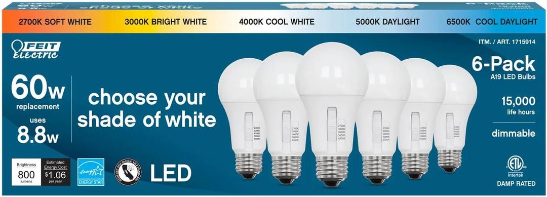 Feit Electric LED 5-Color Choice - 60W Equivalent - 800 Lumen, 2700K Soft Whit, 3000K Bright White, 4000K Cool White, 5000K Daylight and 6500K Cool Daylight, A19, ART 1715914, 6 Packs