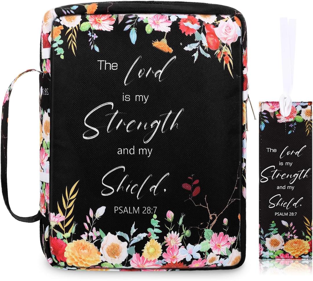 Laumoi Bible Cover Floral Bible Case with Handle and Zippered Back Pocket 10 Inch Women Bible Bag with Bookmark Portable Bible Carrying Case for Bible Study, Outdoor, Daily Commuter (Less Flower)