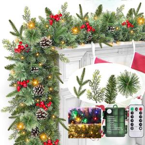 Realistic-Feel PE & 4 Mixed Lifelike Branches-9 Ft by 12 Inch Prelit Norfolk Pine Christmas Garland Remote 50 Warm White&Colored Light,280 Branches&Cedar Garland &Red Berry Pinecone,Xmas Garland Decor