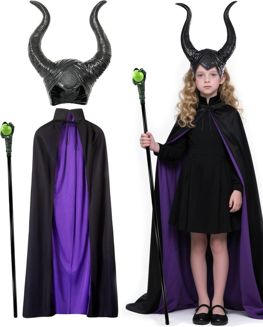 Girls Dark Fairy Costume Kids Mistress Evil Witch Horns Cloak Scepter Cosplay Set for Halloween 6-14 Years