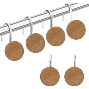 Akimomaty Wood Shower Curtain Hooks with Silvery Metal Rings, Set of 6 Decorative Hardware for Bathroom Rods