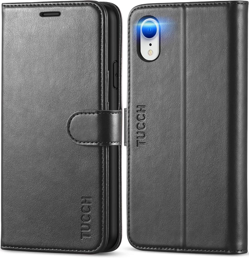 TUCCH Case Wallet for iPhone XR, Kickstand RFID Blocking Credit Card Slot PU Leather Folio Phone Cover with Wireless Charging [Shockproof TPU Shell] Compatible with iPhone XR 6.1, Black