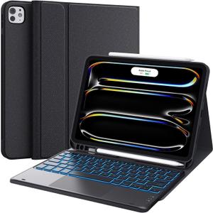 CHESONA Keyboard Case for iPad Pro 11 inch (M4-2024/M5-2025), Magnetic Detachable Keyboard with Backlit, 2 Wireless Channels, Touchpad & Pencil Holder, Black