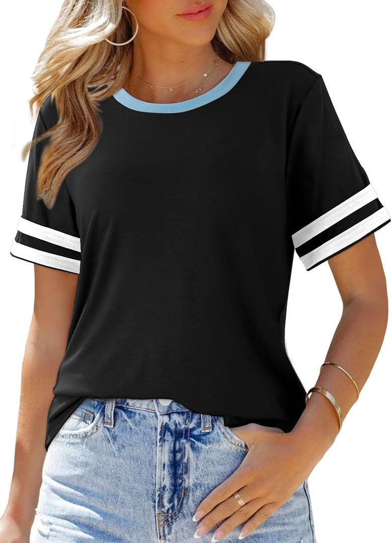 SHEWIN Women's Fashion Casual Crewneck Color Block T Shirts Short Sleeve Summer Tops Tees Slim Fit (Black, L)