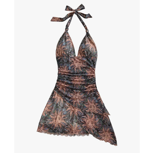Women's Floral Print Sleeveless Halter Deep V Tie Mini Dress Ruched Backless Slim Fit Cami Dresses Knot Boho Dress