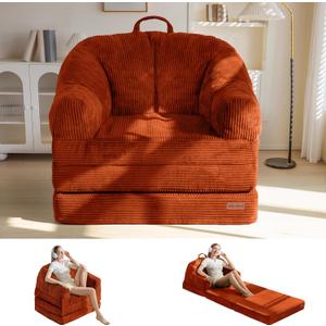 MAXYOYO Folding Sofa Bed with Backrest, Boneless Fold Out Couch Bed with Handle, 2 in 1 Convertible Bean Bag Chair to Floor Sofa Lounger, Comfy Folding Couch for Bedroom & Living Room, Orange