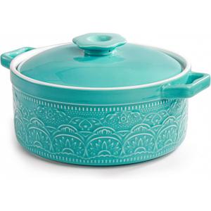 Elsjoy 2 Quart Round Ceramic Casserole Dish with Lid, 7.5 Inch Covered Casserole for Oven, Glazed Ceramic Baking Dish Vintage Bakeware for Kitchen, Turquoise