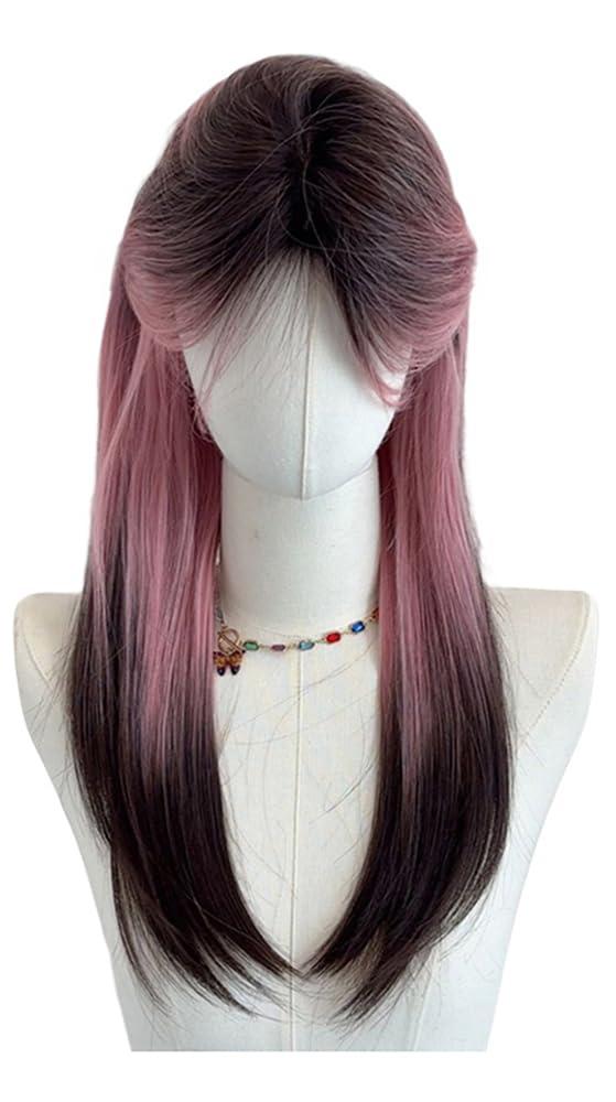 Pink Ombre Wig for Women Dark Roots Pink Brown Gradient Long Straight Hair with Curtain Bangs Synthetic Wig