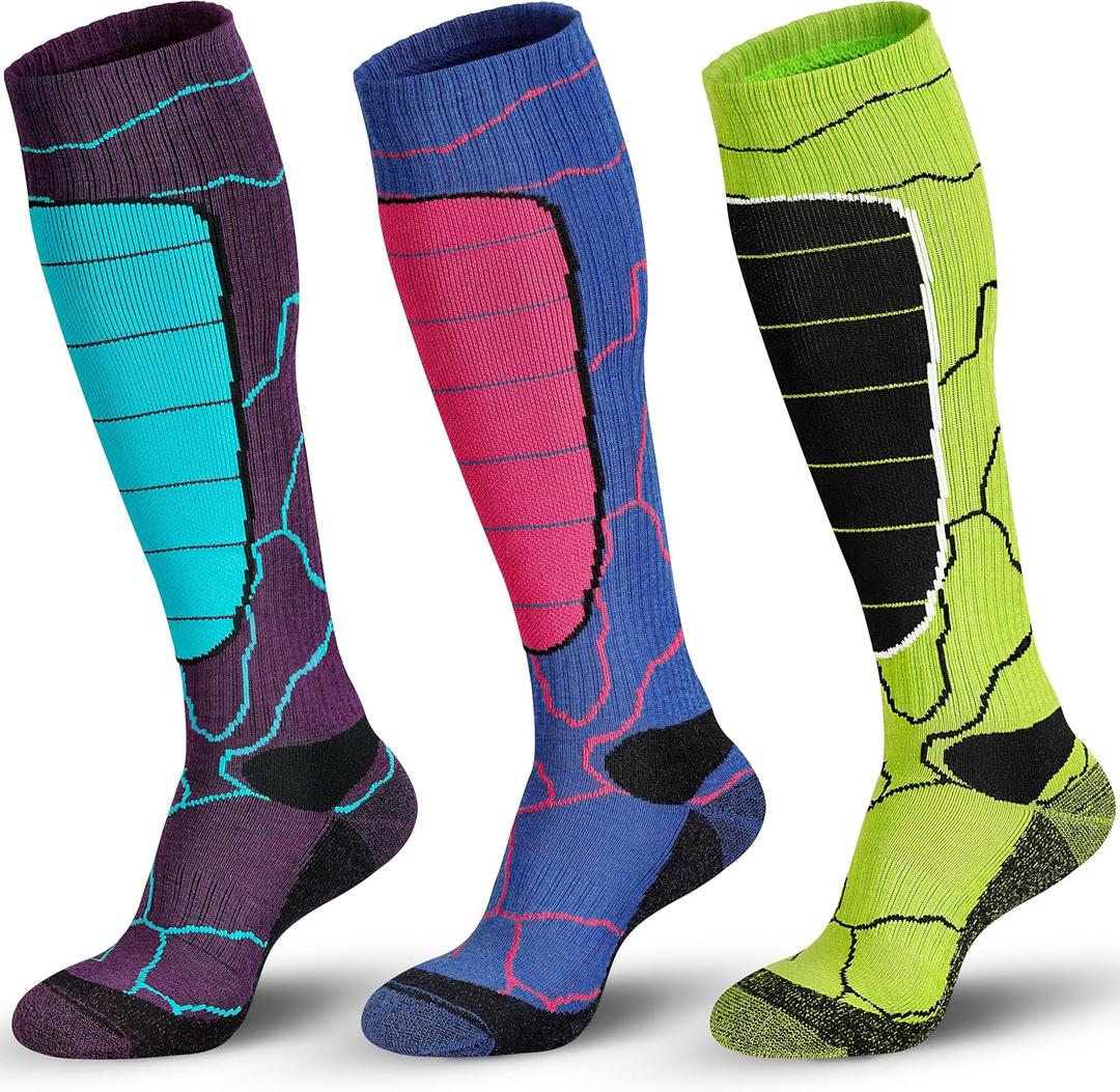 Hylaea Merino Wool Ski Socks, Cold Weather Socks for Snowboarding, Snow, Winter, Thermal Knee-high Warm Socks, Hunting (Large, Multi Colors (3 Pairs))