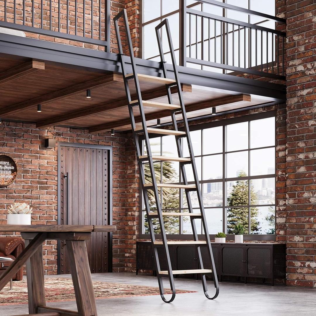 10.35FT Industrial Style Loft Ladder, 8 Steps with Black Steel Handrails & Solid Wood Steps, 450lbs Capacity, Fits 8.2-9FT Installation Height, for Attic, Kitchen, Warehouse, Bookshelf& Outdoor