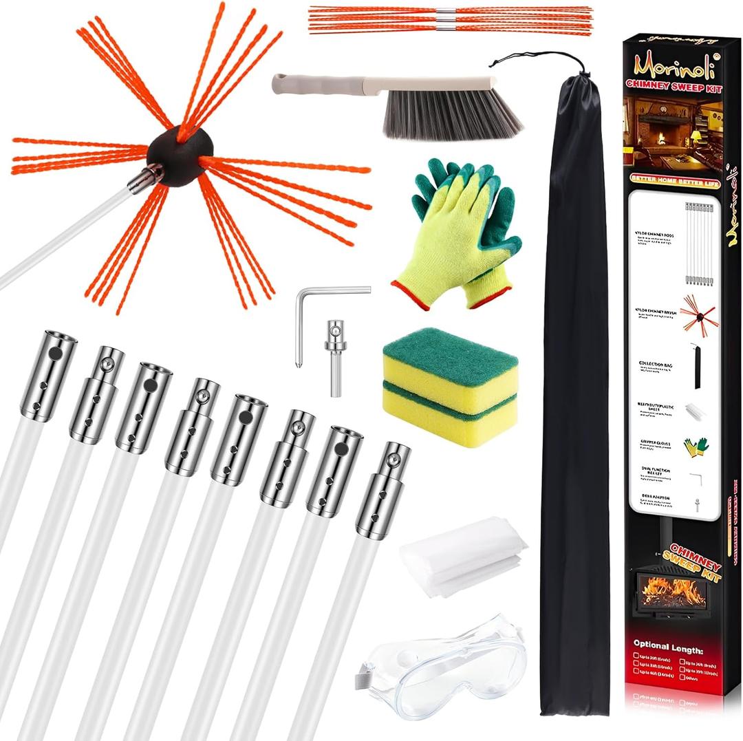 26 Feet Chimney Sweep Kit, Chrome Button Locking System, Chimney Cleaning Kit, Chimney Brush, Chimney Cleaning Tool, Chimney Cleaning System with 8 Flexible Chimney Rods