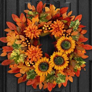 Waipfaru Fall Wreaths for Front Door,22in Sunflower Fall Door Wreath with Pumkin，Fall Wreaths for Thanksgiving Harvest, Autumn Wreath for Porch Indoor Outdoor Decor