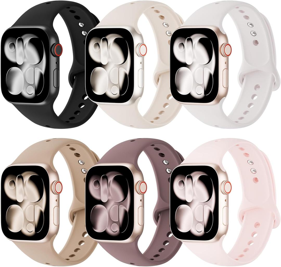 6 Pack Silicone Bands Compatible with Apple Watch Band 38mm 40mm 41mm 42mm 44mm 45mm 46mm 49mm Women Men, Soft Sport Strap Replacement Wristband for iWatch Series 11 10 9 8 SE 7 6 5 4 3 2 1 Ultra (Black/Starlight/Light Blush/Milk Tea/Smoke Violet/Sand Pink)