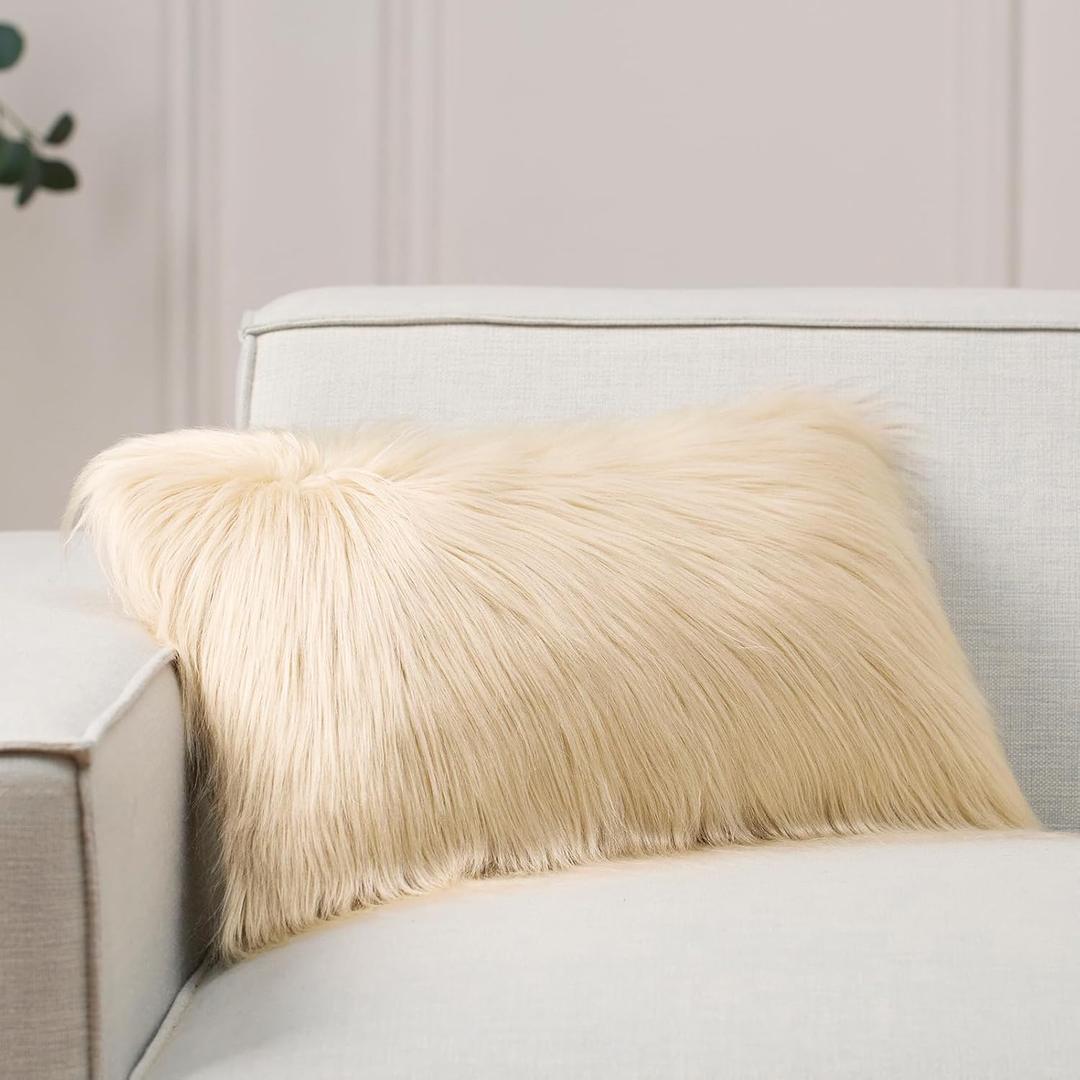 Phantoscope Faux Fur Pillow Cover Decorative Fluffy Throw Pillow Mongolian Luxury Fuzzy Pillow Case Cushion Cover for Bedroom and Couch, Light Beige 12 x 20 Inches (20" x 12" (Pack of 1))