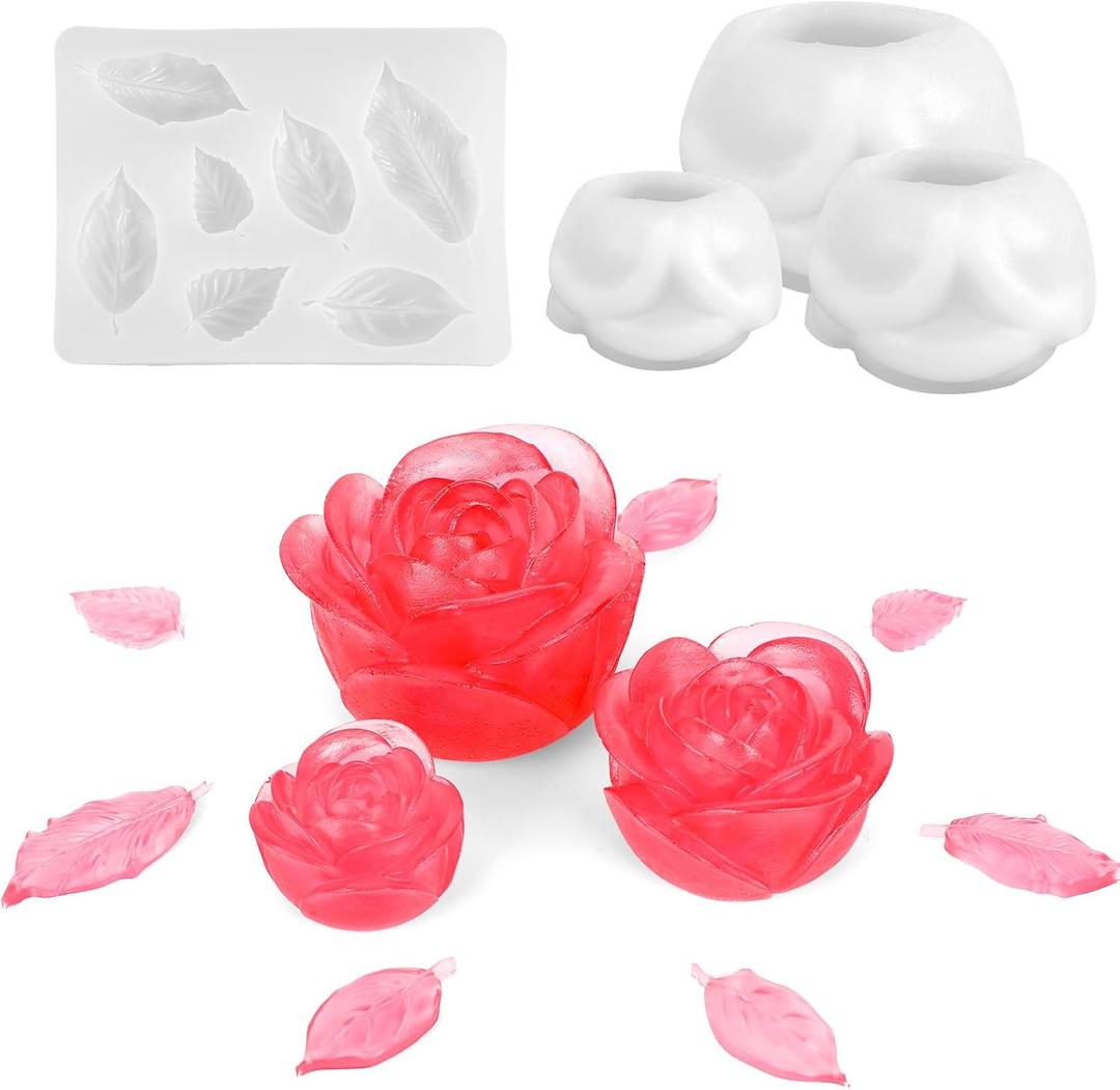 4pcs Rose Candle Molds, 3D Rose Flower Silicone Molds with Leaf Mold for Candle Making and Epoxy Resin Craft (Large, Medium, Small)